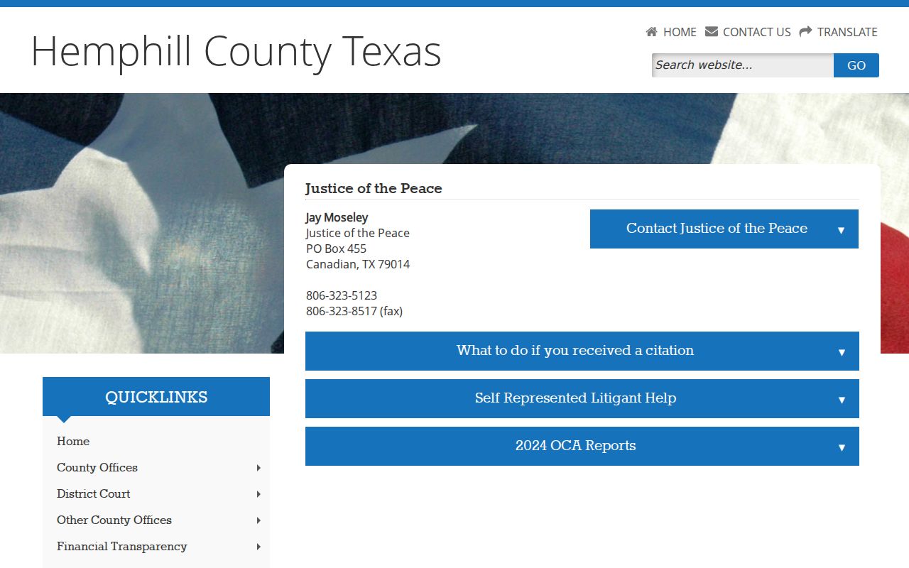 Hemphill County Justice Court contact and citation payment page