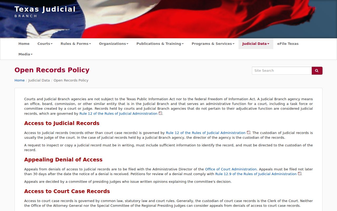 Texas judiciary explanation of judicial records and Public Information Act requests