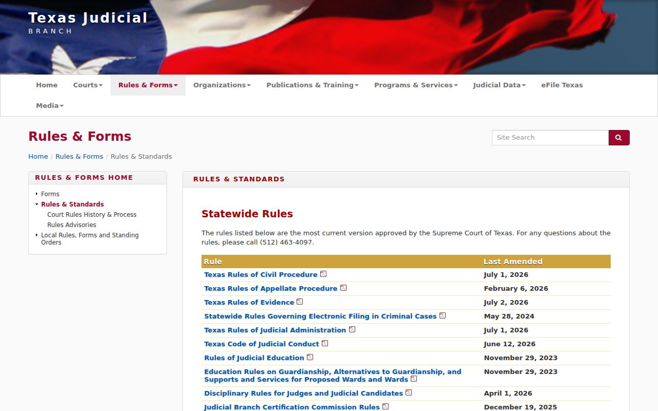 Texas Judicial Branch rules and standards page for current court rules
