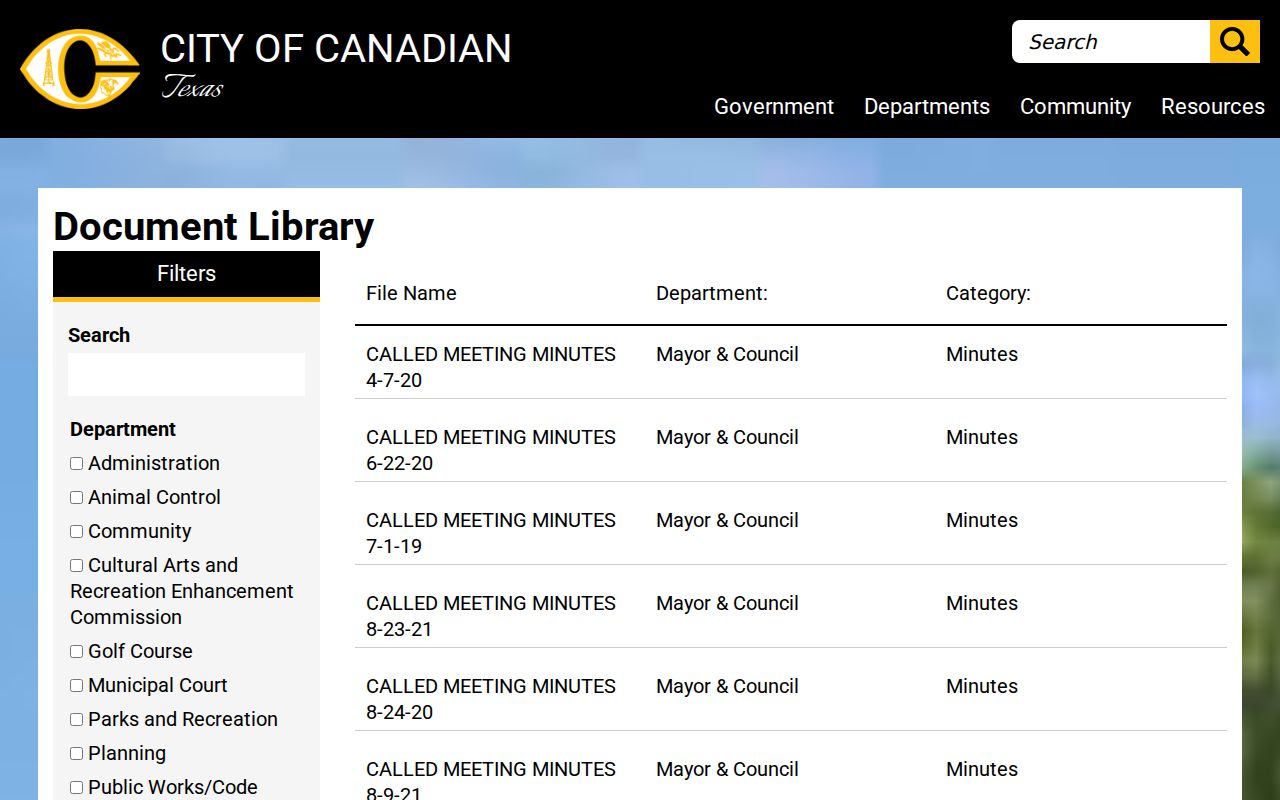Canadian city document library search and department filters